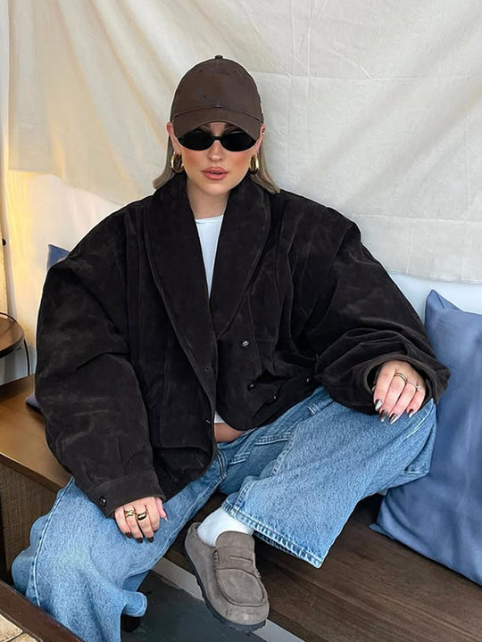 Damen Kurze Veloursleder‑Boxyjacke mit kimonoähnlichem Revers Nord Taschen