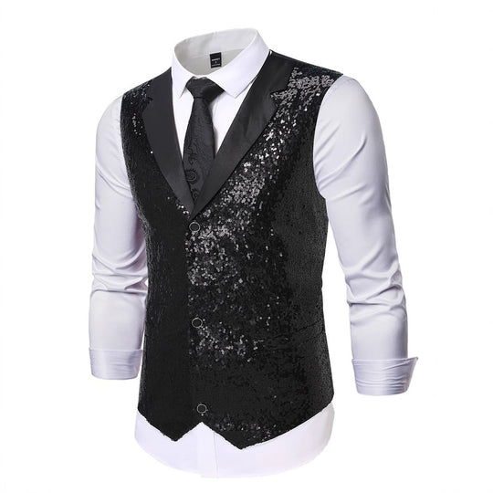 Herren Glänzende Pailletten‑Weste mit Satin‑Revers und taillierter Silhouette Nord Taschen