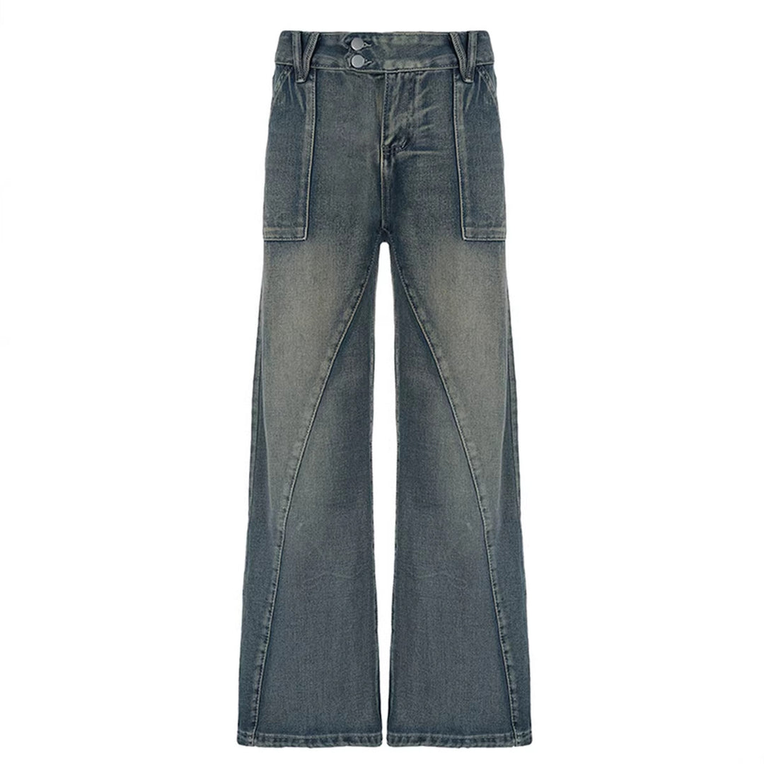 Damen weite Low-Rise Baggy-Jeans mit markanten V‑Nahtpaneelen und aufgesetzten Fronttaschen Nord Taschen