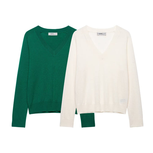 Damen Leichter V‑Ausschnitt Feinstrickpullover mit geripptem Saum Nord Taschen