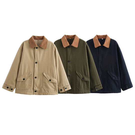 Damen Boxy Baumwoll-Canvas-Jacke mit Cordkragen, Pattentaschen und durchgehender Knopfleiste Nord Taschen