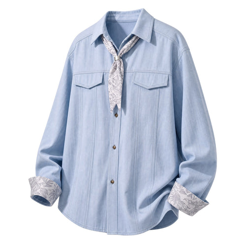 Damen Oversize-Hemdbluse mit floralem Manschettenbesatz und Nackentuch Nord Taschen