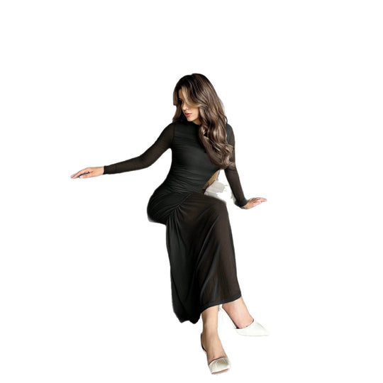 Damen enganliegendes Maxikleid mit langärmeligem Sculpting-Oberteil, taillierter Raffung und transparentem Stufenrock Nord Taschen