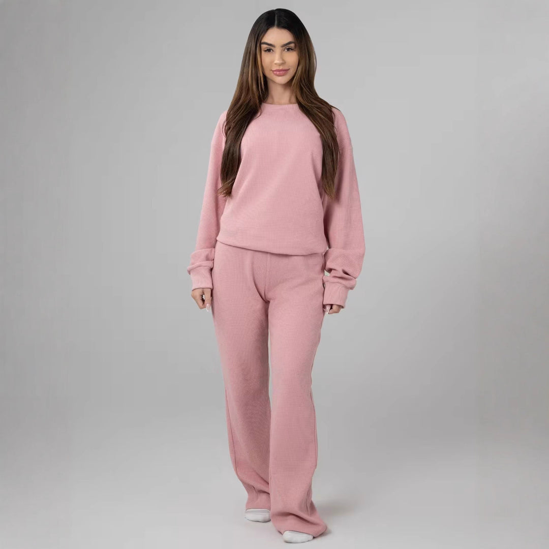 Damen geräumiges Waffelstrick-Loungewear-Set mit Rundhalsausschnitt und Tunnelzughose Nord Taschen