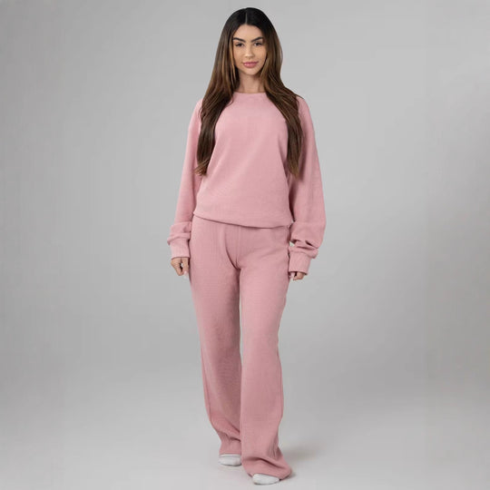Damen geräumiges Waffelstrick-Loungewear-Set mit Rundhalsausschnitt und Tunnelzughose Nord Taschen
