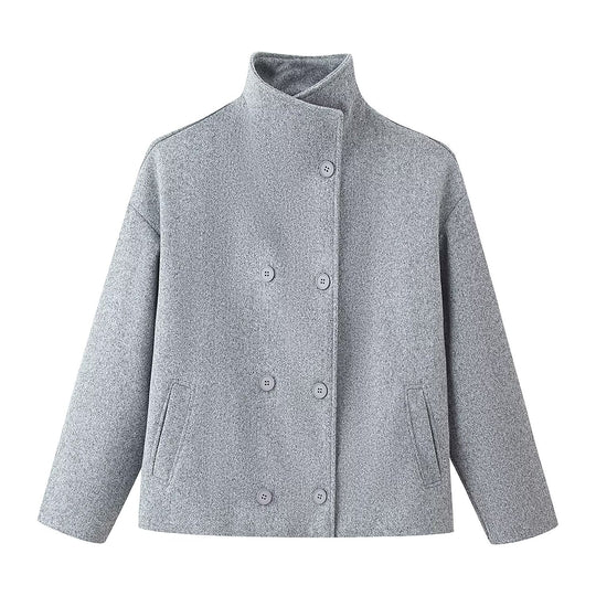 Damen Boxy Wolljacke im Cocoon‑Schnitt mit Stehkragen und doppeltreiher Knopfleiste Nord Taschen