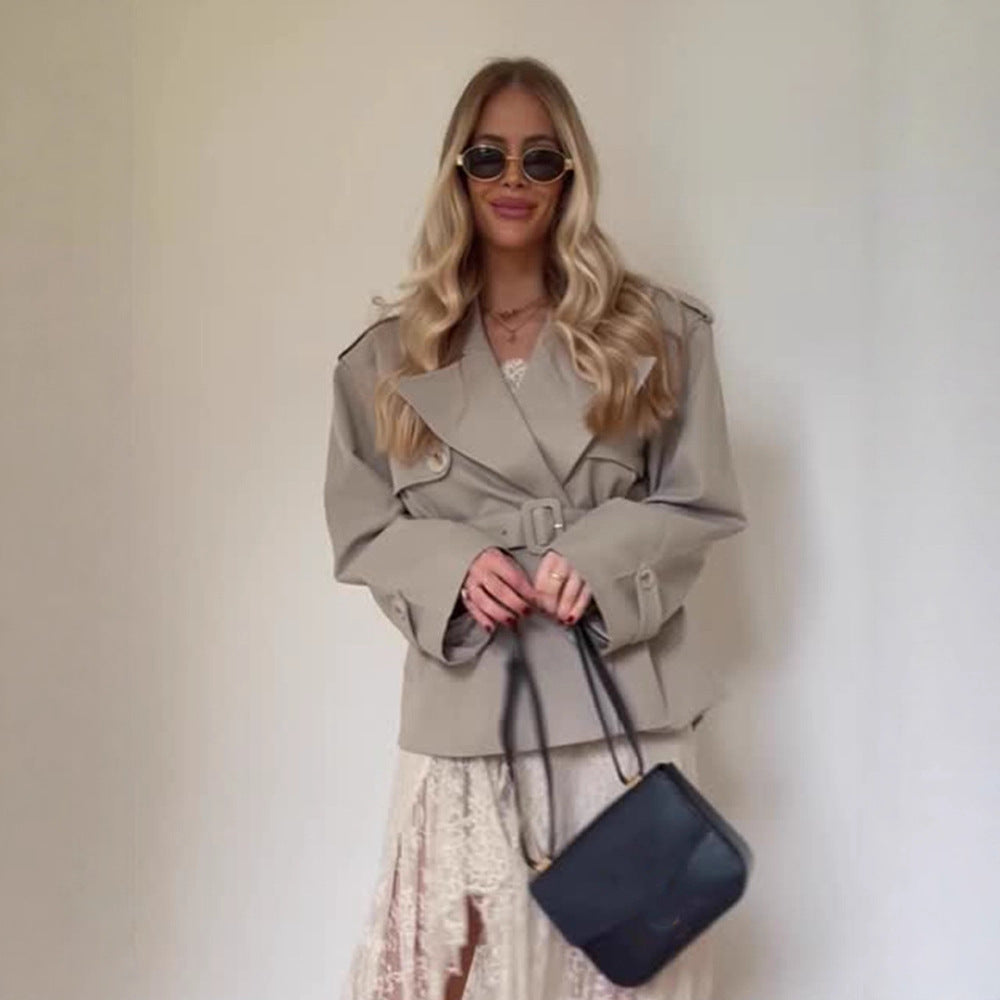 Damen Kurzjacke im Trench-Stil mit taillierendem Bindegürtel und weitem Ärmel Nord Taschen