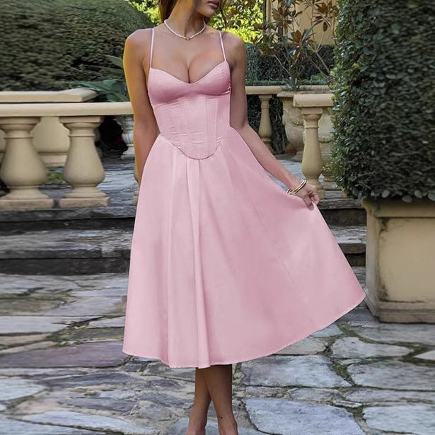Damen Elegantes A-Linien Midi-Kleid mit Spaghettiträgern und weichem Stoff