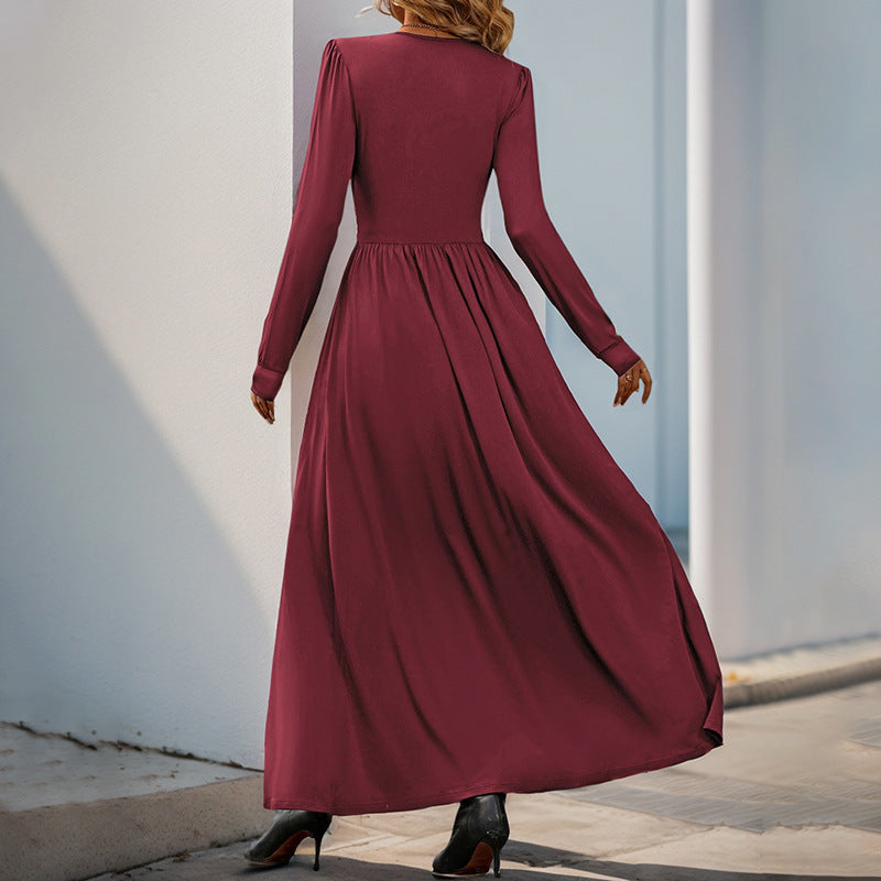 Damen Fließendes Maxikleid mit Spitzen‑V‑Ausschnitt, Wickel‑Taille und Seitenschlitz Nord Taschen