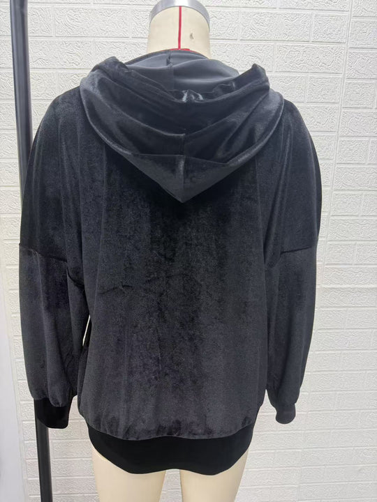 Damen Oversize Kapuzen-Samtjacke mit Knopfleiste und aufgesetzten Taschen Nord Taschen