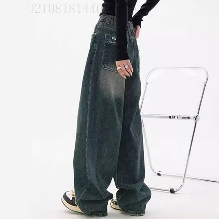 Damen hochgeschnittene extraweite Baggy-Jeans mit überlangem Saum und Vintageoptik Nord Taschen