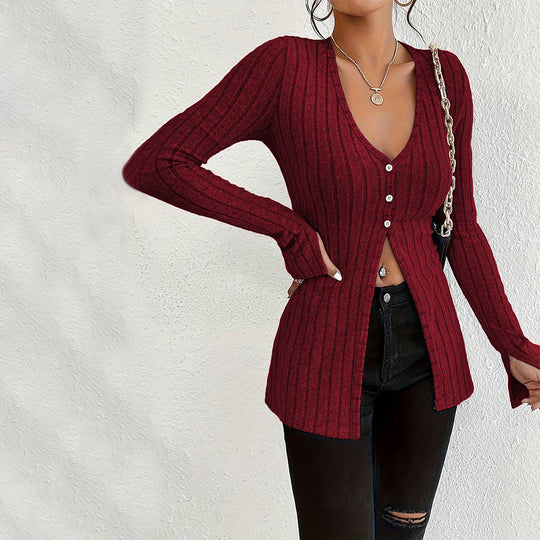 Damen gerippter V-Ausschnitt-Cardigan mit Knopfleiste taillierter Longline-Silhouette Nord Taschen