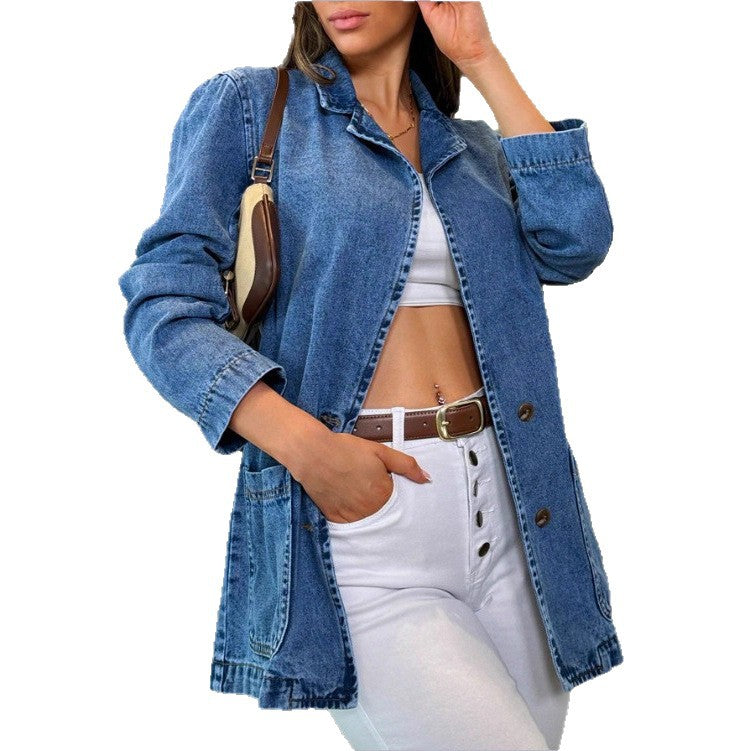 Damen taillierte Denim‑Jacke mit Stehkragen, vier Pattentaschen und leicht ausgestelltem Saum Nord Taschen