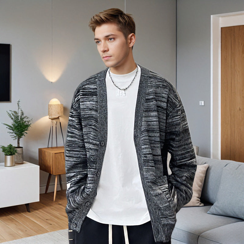 Herren Lockerer Melierter Oversize-Strickcardigan mit Knopfleiste und aufgesetzten Taschen Nord Taschen