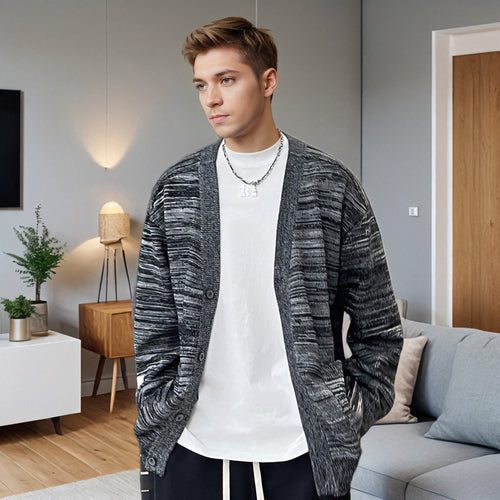 Herren Lockerer Melierter Oversize-Strickcardigan mit Knopfleiste und aufgesetzten Taschen Nord Taschen
