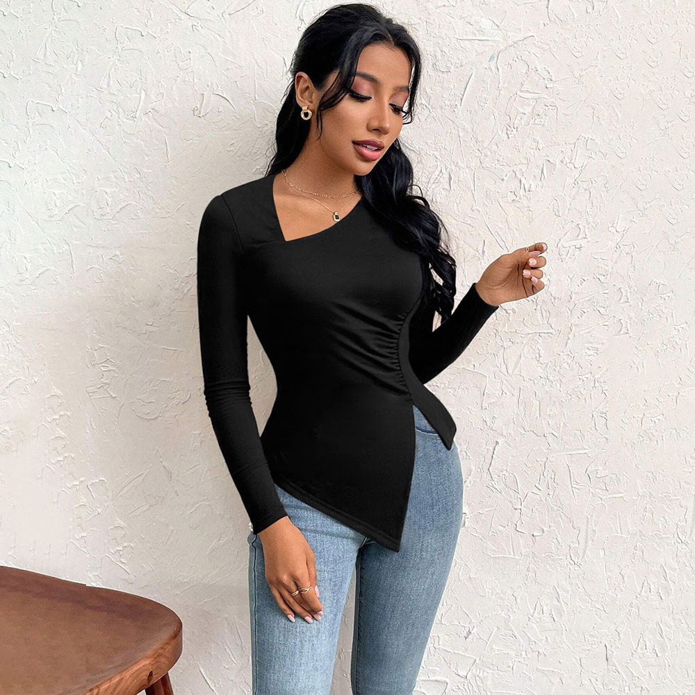Damen asymmetrisches Langarm-Shirt mit diagonalem Cut-Out, taillierter Seitenraffung und spitz zulaufendem Zipfel-Saum Nord Taschen