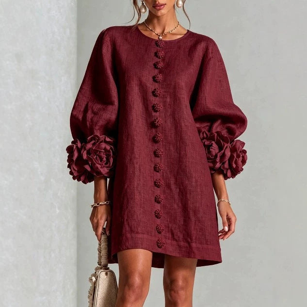 Damen Midikleid mit voluminösen Puffärmeln, 3D-Blütenknopfleiste und Leinenstruktur Nord Taschen