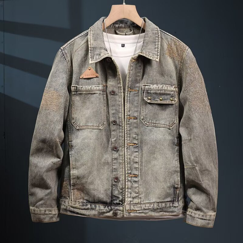 Herren Vintage-inspirierte Jeansjacke im Worker-Look mit Used-Wash und aufgesetzten Brusttaschen Nord Taschen