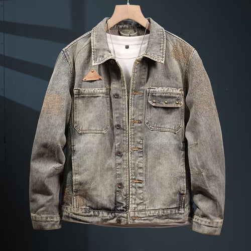 Herren Vintage-inspirierte Jeansjacke im Worker-Look mit Used-Wash und aufgesetzten Brusttaschen Nord Taschen