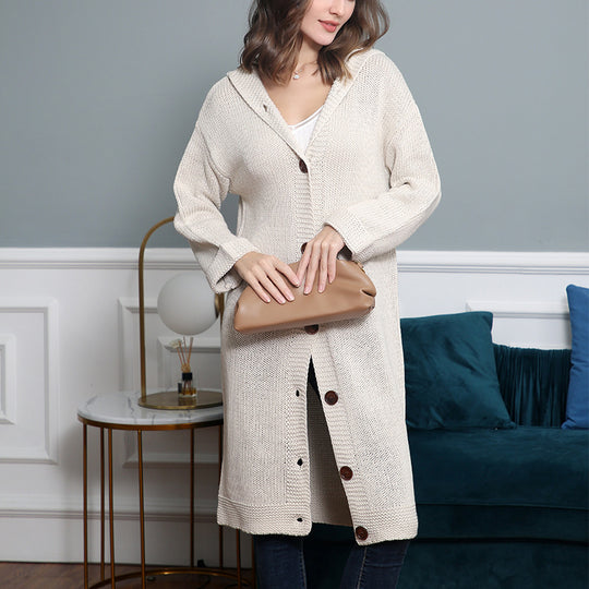 Damen Kapuzen-Longcardigan aus mitteldickem Rippstrick mit durchgehender Knopfleiste und lockerem Oversize-Schnitt Nord Taschen