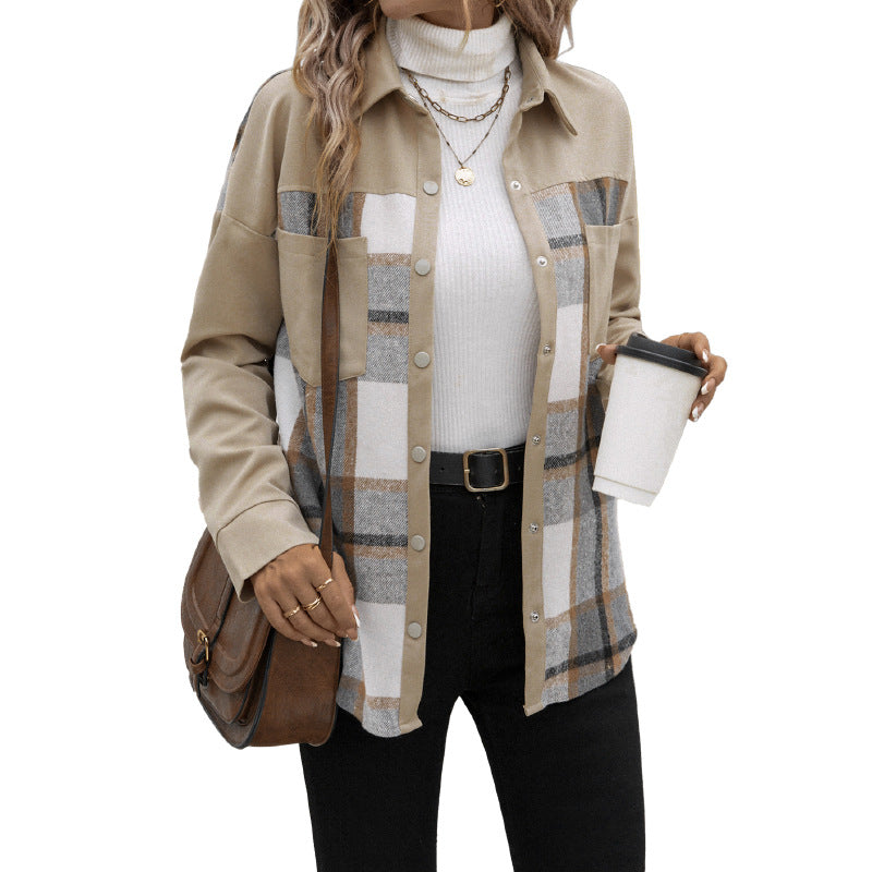 Damen Oversized Hemdjacke mit kariertem Frontpanel, Druckknopfverschluss und aufgesetzten Brusttaschen Nord Taschen
