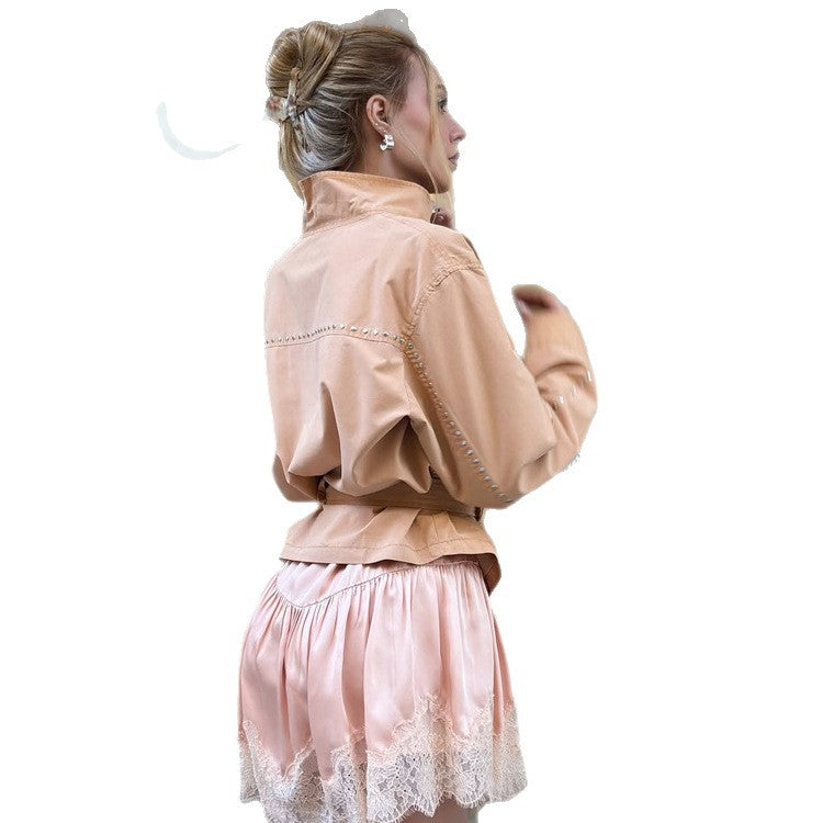 Damen Satin-Spitzen-Minirock mit luxuriösem Glanz und zarter Spitzenborte Nord Taschen