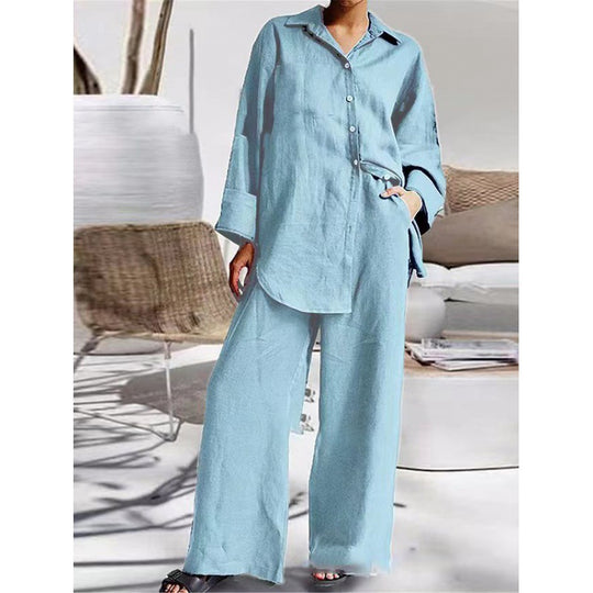 Damen Leinen-Lounge-Set mit weitem Hemd und Palazzo-Hose Nord Taschen