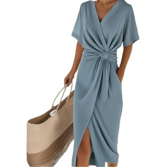 Damen Wickelkleid mit eleganter Drapierung und Seitenschlitz Nord Taschen