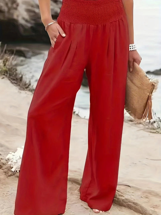 Damen Weite Leinenhose mit Smokbund und Eingrifftaschen Nord Taschen