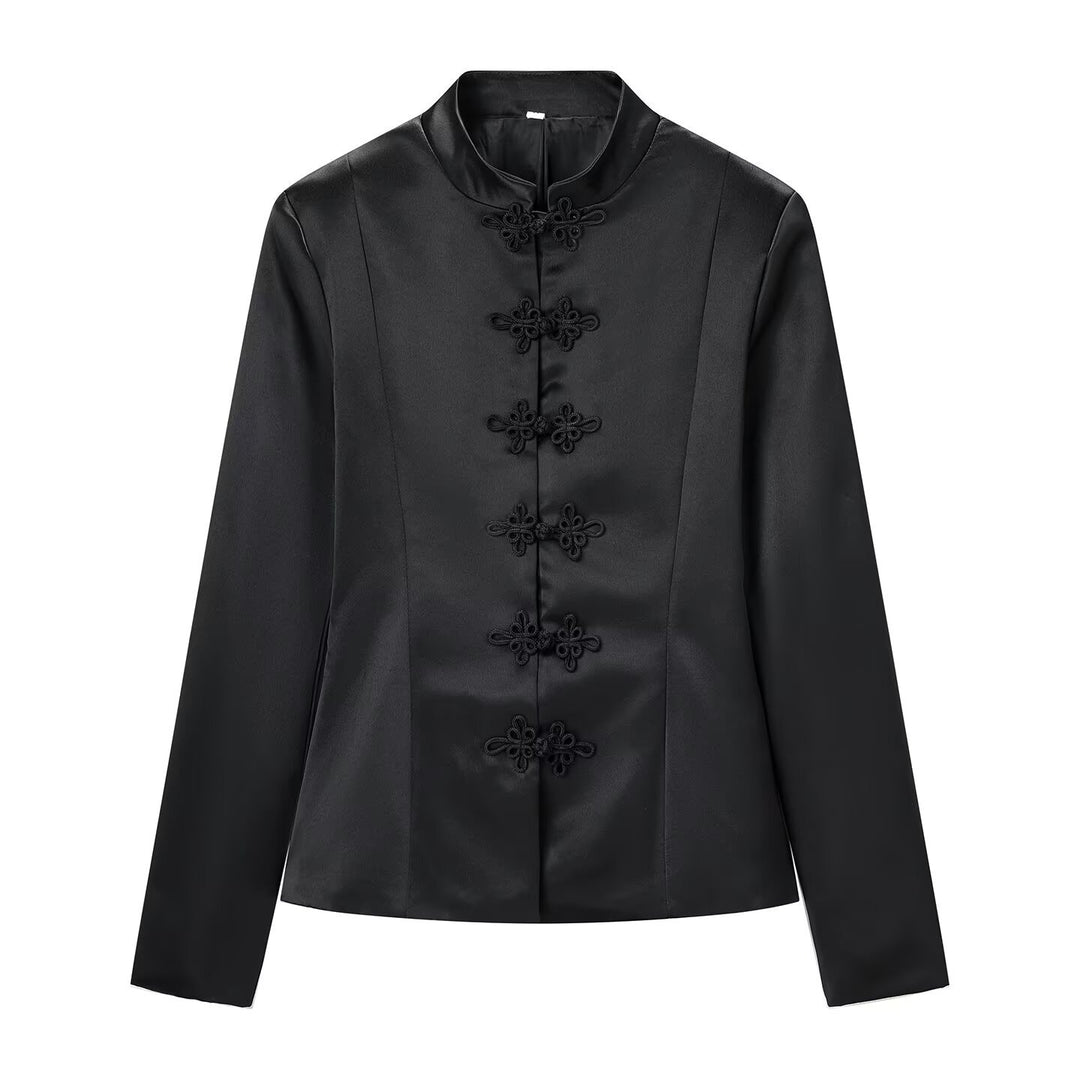 Damen Taillierter Satin-Blazer mit Mandarinkragen und dekorativen Froschverschlüssen Nord Taschen