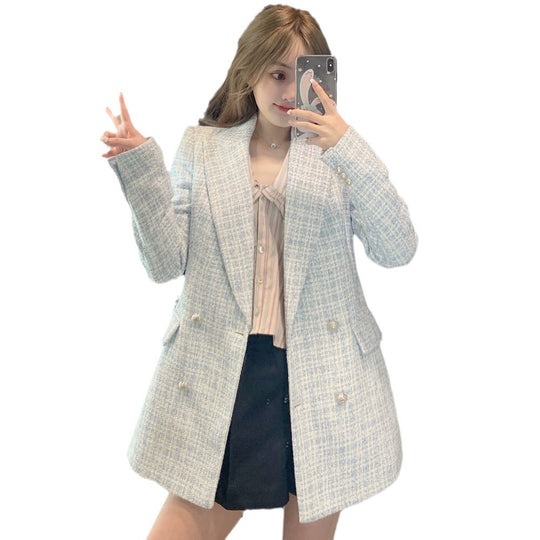 Damen Zweireihiger Bouclé-Blazer mit taillierter Silhouette und Pattentaschen Nord Taschen