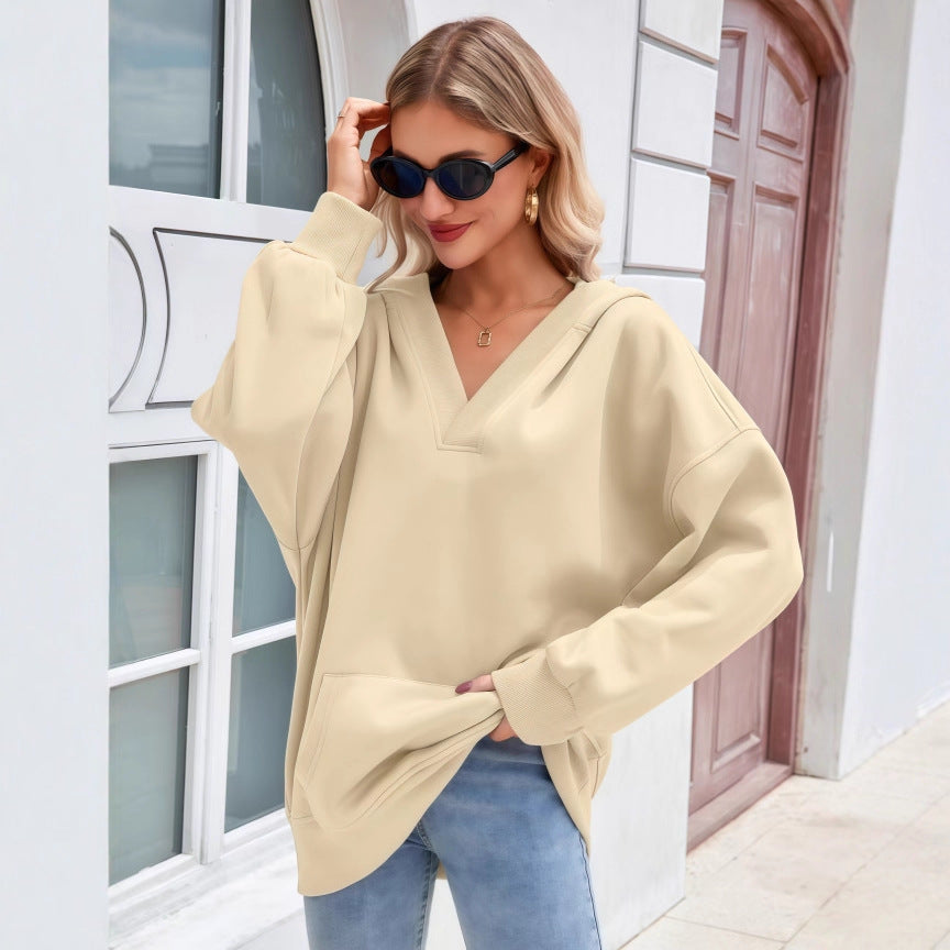 Damen Oversize V-Ausschnitt Hoodie mit Kapuze, Kängurutasche und verlängertem Saum Nord Taschen