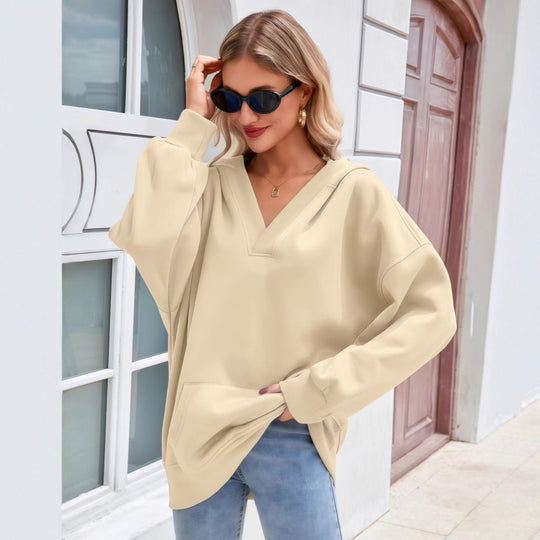 Damen Oversize V-Ausschnitt Hoodie mit Kapuze, Kängurutasche und verlängertem Saum Nord Taschen
