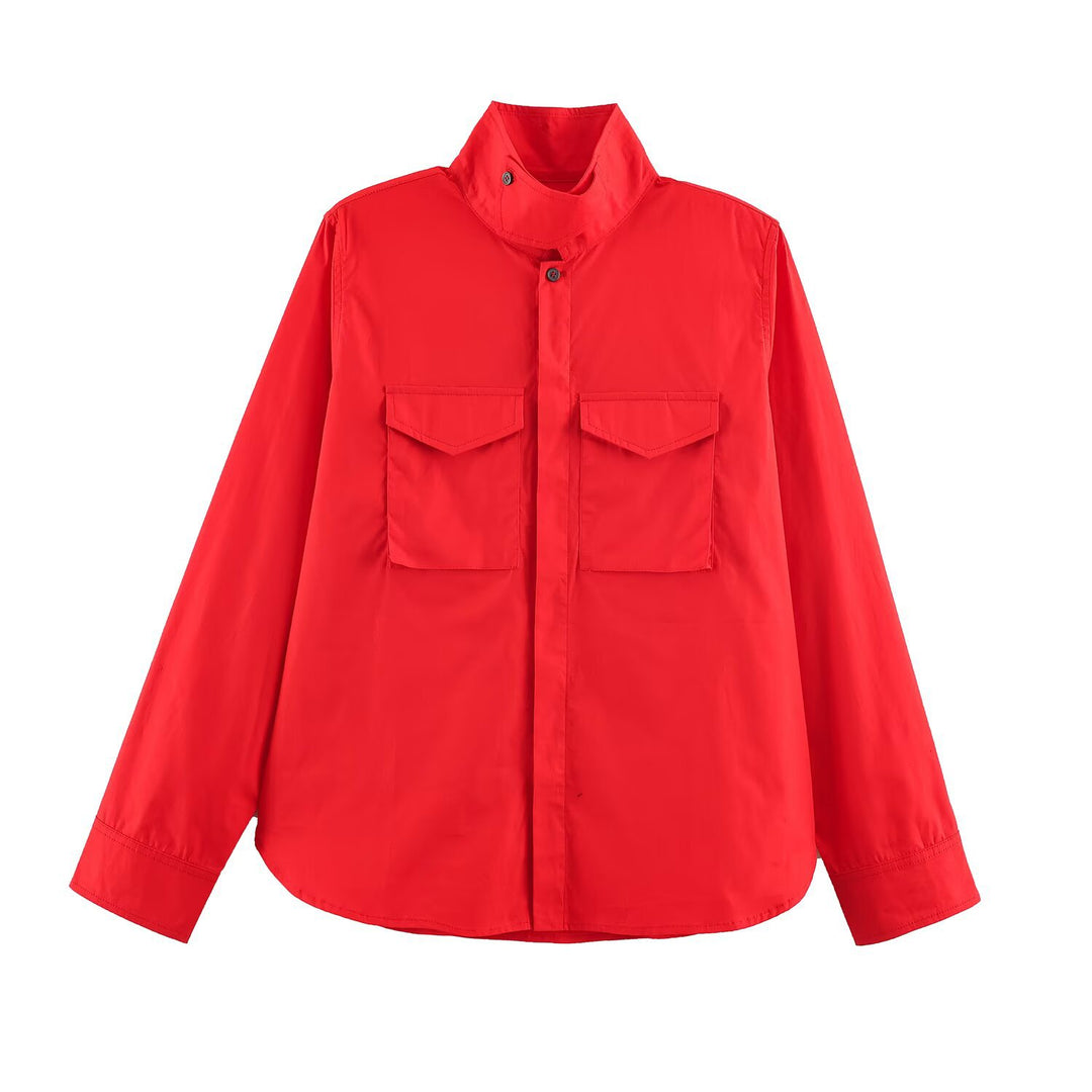 Damen Oversize Utility‑Hemdjacke mit hohem Stehkragen und aufgesetzten Brusttaschen Nord Taschen
