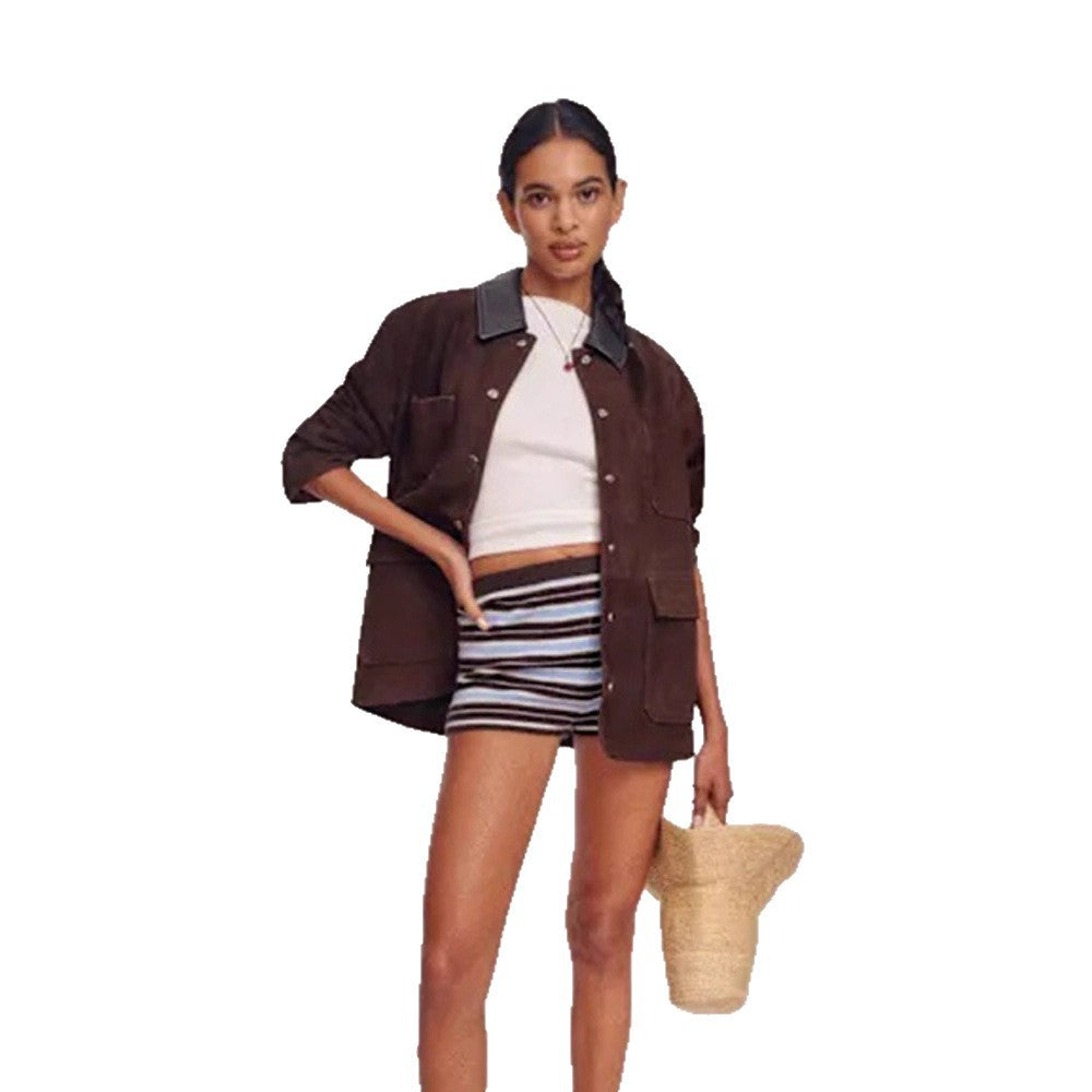 Damen Oversize-Utility-Jacke aus Veloursleder‑Optik mit Kontrastkragen & aufgesetzten Pattentaschen Nord Taschen