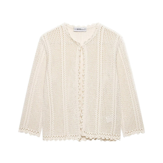 Damen Gehäkelte Kurzstrickjacke mit Scallop-Kante und Ajour‑Lochmuster Nord Taschen