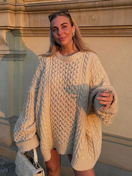 Damen Oversized Grobstrickpullover mit Zopfmuster und weiten Ballonärmeln Nord Taschen