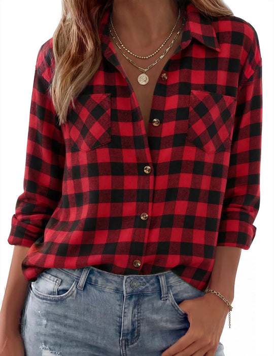 Damen Karierte Oversize-Hemdjacke aus Flanell mit Brusttaschen Nord Taschen