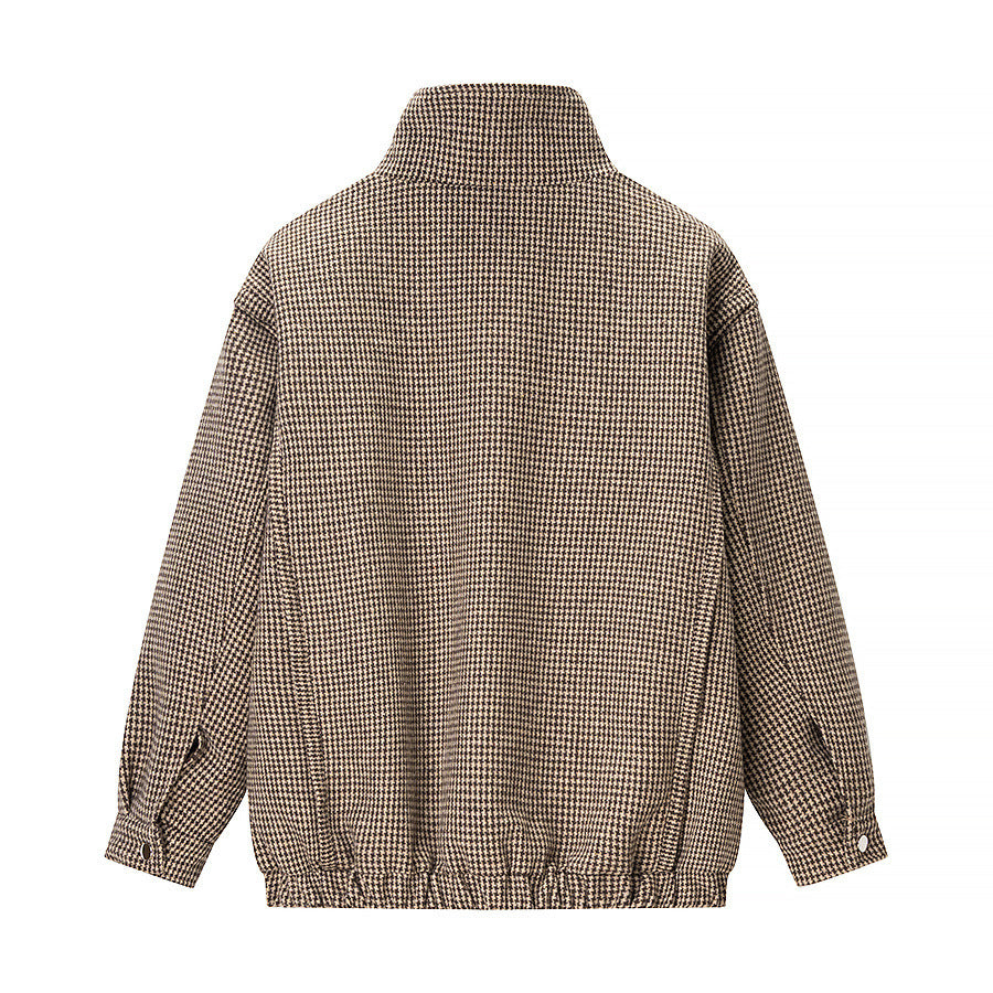 Damen Kurze Oversize-Übergangsjacke im Hahnentritt-Muster mit Stehkragen und elastischem Saum Nord Taschen