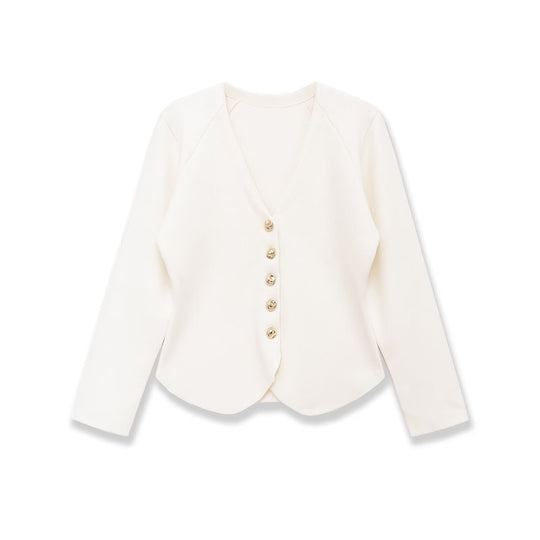 Damen Taillierter Rippstrick-Blazer-Cardigan mit V‑Ausschnitt und Zierknöpfen Nord Taschen