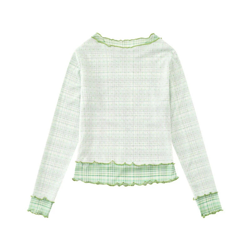 Damen Transparentes Mesh-Langarmshirt mit Manga-Print, Rüschensaum und Karomanschetten Nord Taschen