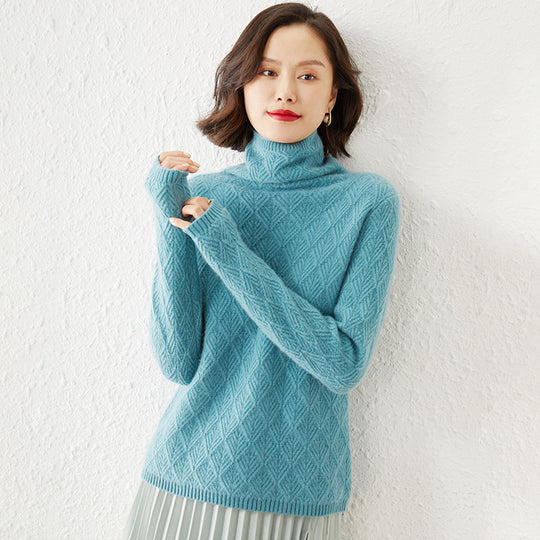 Damen Luxuriöser Mohair‑Mix Rollkragenpullover mit diamantgewNord Taschenter Ajourstruktur Nord Taschen