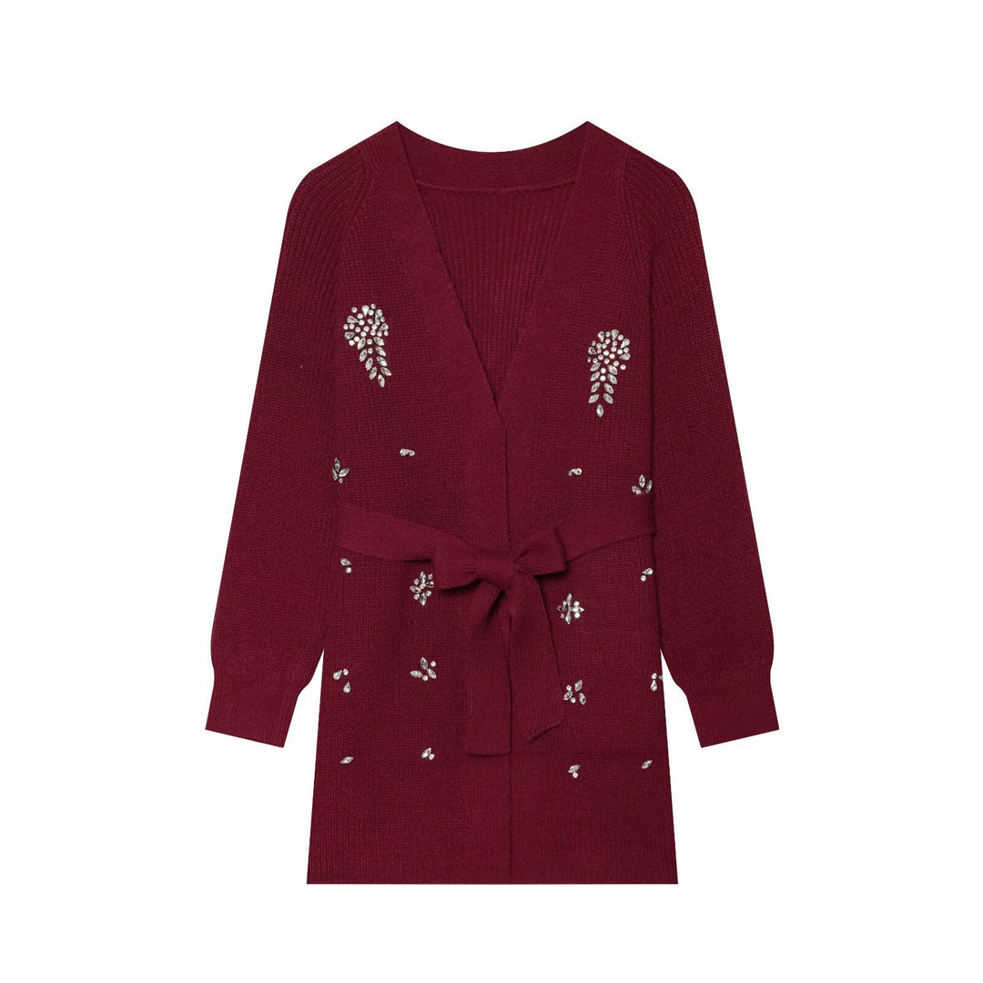 Damen Longcardigan mit Bindegürtel und Schmuckstein‑Applikation Nord Taschen