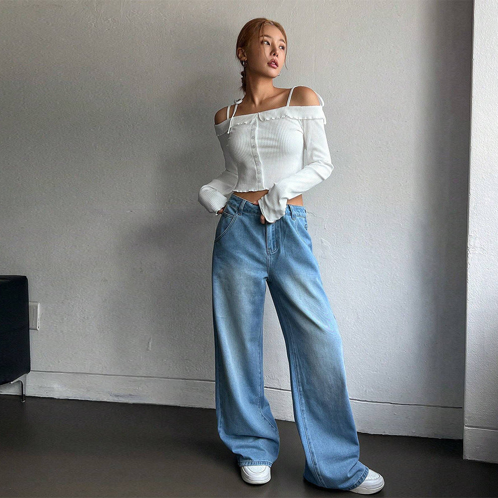 Damen geripptes schulterfreies Langarm-Cropped-Top mit Knopfleiste und Rüschensaum Nord Taschen