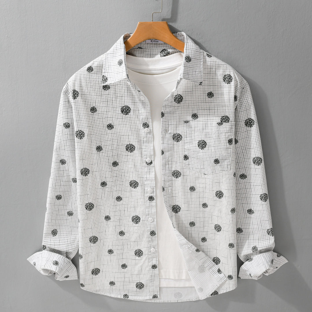 Herren leichtes Langarm-Overshirt im Hemdjacken-Stil mit feinem Karodessin und floralem Allover Nord Taschen