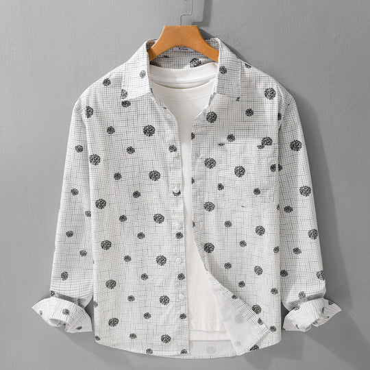Herren leichtes Langarm-Overshirt im Hemdjacken-Stil mit feinem Karodessin und floralem Allover Nord Taschen