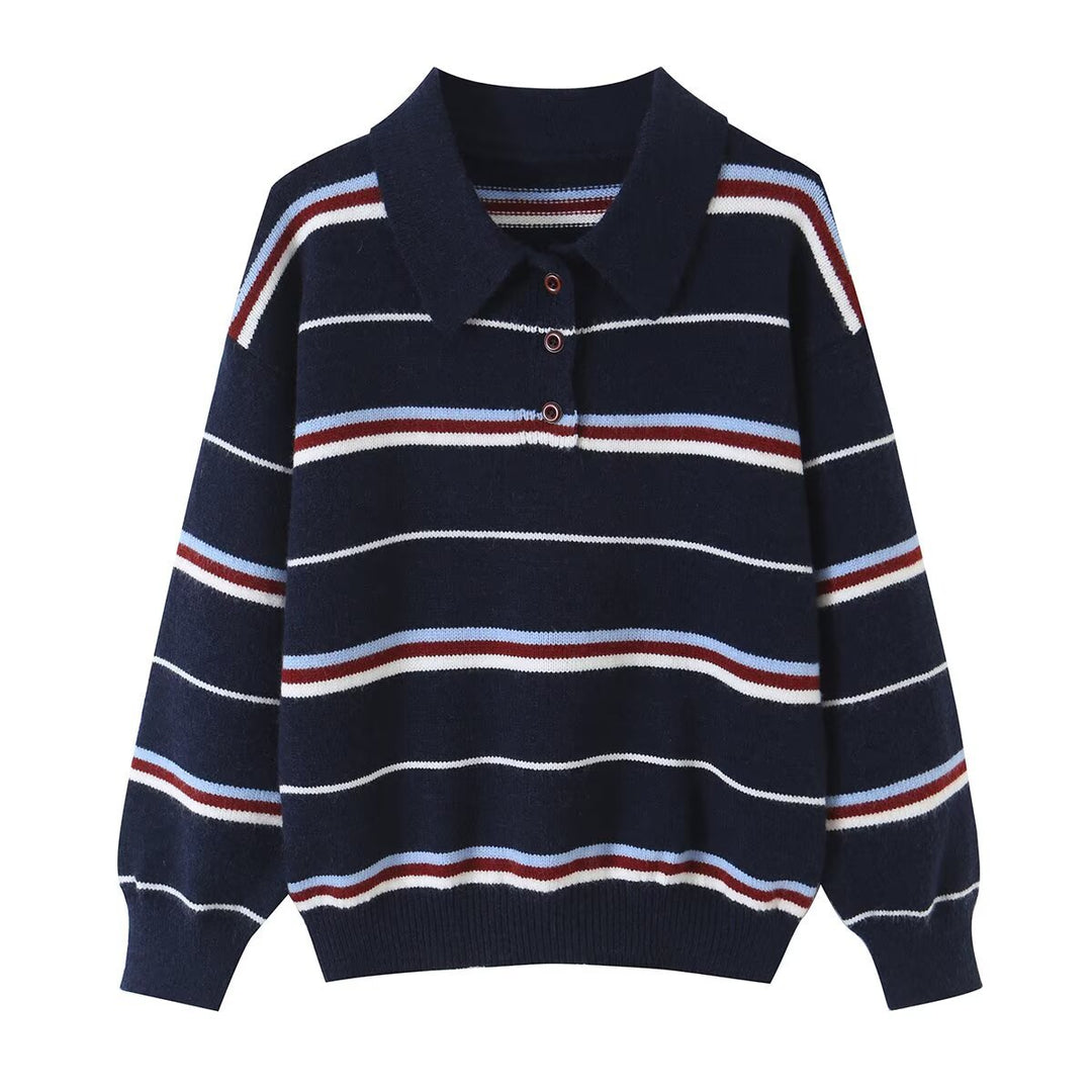 Damen Gestreifter Strickpolopullover mit kurzer Knopfleiste und Rippbündchen Nord Taschen