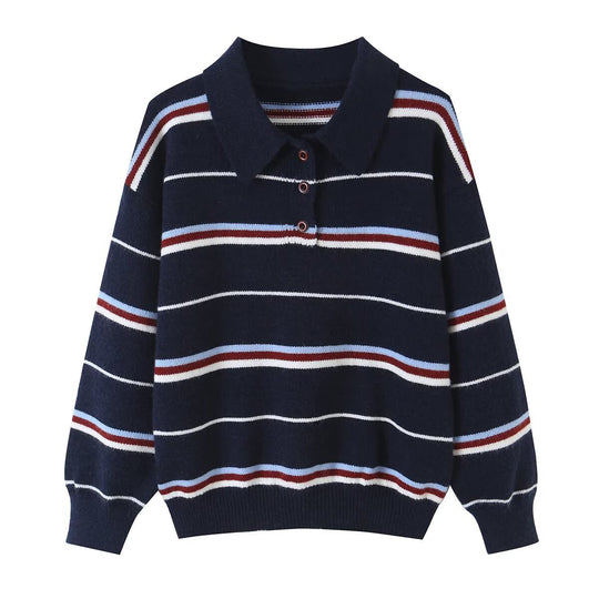 Damen Gestreifter Strickpolopullover mit kurzer Knopfleiste und Rippbündchen Nord Taschen