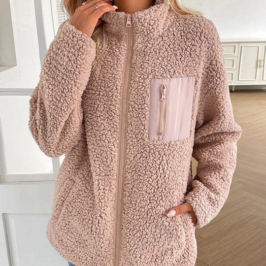 Damen kuschelige Fleecejacke mit hohen Kragen und praktischen Taschen