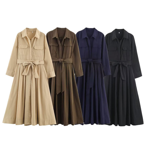 Damen Hemdblusenkleid mit Taillengürtel und A-Linien-Skirt Nord Taschen